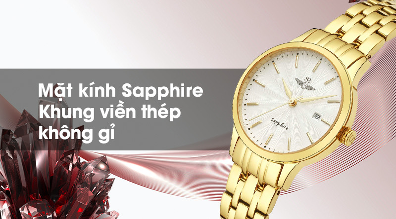 Mặt kính và khung viền của đồng hồ SR nữ chính hãng có độ bền cao