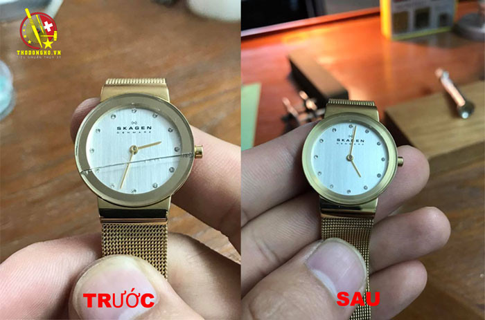 Quy trình thay mặt kính đồng hồ Skagen tráng thủy trước và sau khi hoàn thành