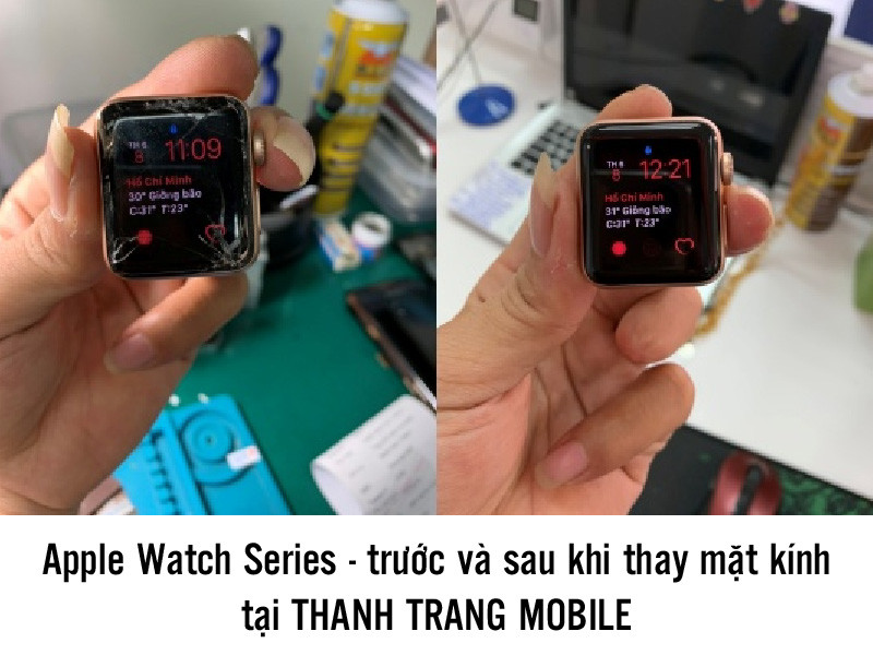 Chiếc Apple Watch đang được ép kính