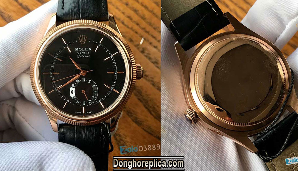 Tổng thể thiết kế đồng hồ Rolex quartz dây da mẫu 32 đen, phù hợp mức giá