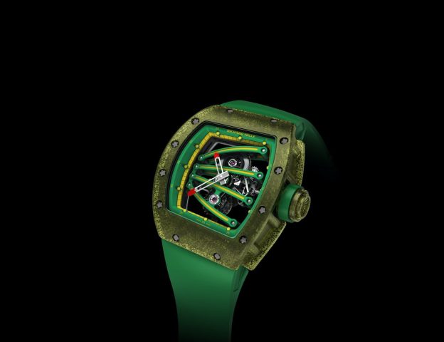 Đồng hồ Richard Mille RM 59-01 Yohan Blake Tourbillon với vỏ bất đối xứng màu xanh lá cây và vàng nổi bật