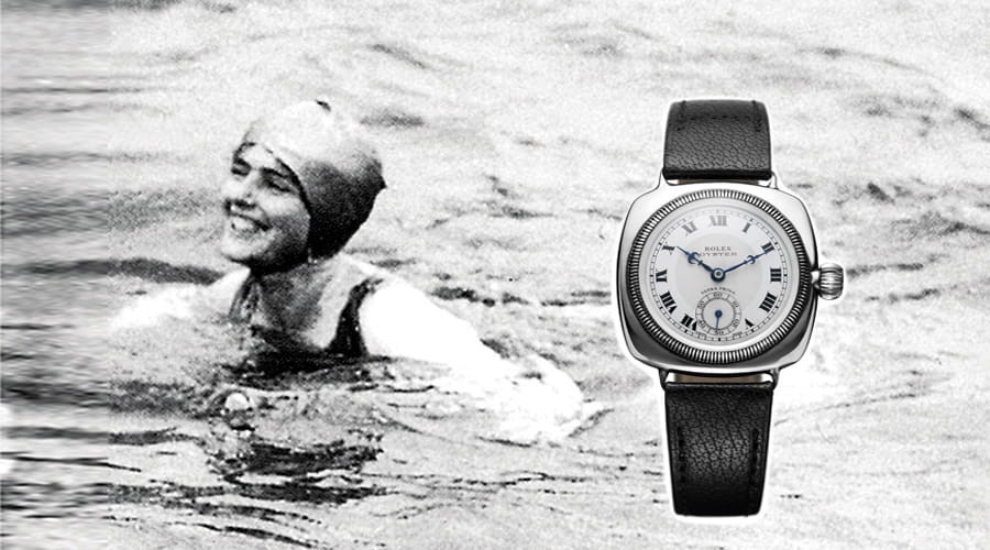 Vận động viên Mercedes Gleitze với đồng hồ Rolex Oyster trong cuộc bơi vượt eo biển Manche
