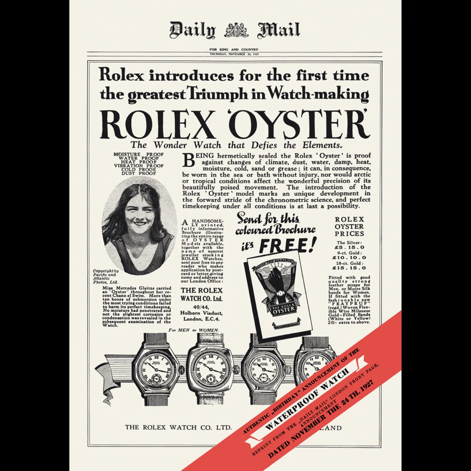 Quảng cáo lịch sử của đồng hồ Rolex trên báo Daily Mail