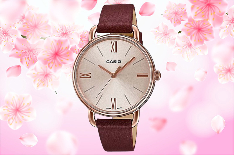 Mẫu đồng hồ Casio mặt tròn cho nữ với dây da tổng hợp màu nâu, phong cách dịu dàng