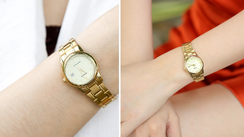Dây và vỏ mạ vàng sang trọng của đồng hồ Casio LTP-V002G-9AUDF