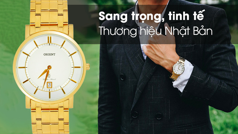 Đồng hồ Orient 38 mm Nam FGW01001W0 với kiểu dáng hiện đại, sang trọng và dây kim loại màu vàng đẳng cấp