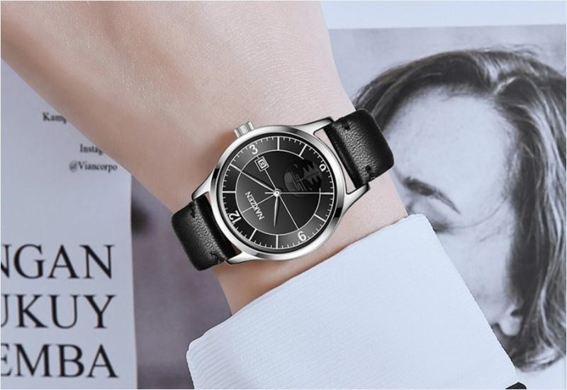 Mẫu đồng hồ quý bà Nakzen với mặt kính Sapphire chống trầy và dây kim loại sáng bóng.