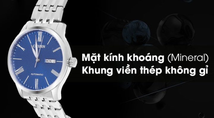 Mặt kính khoáng (Mineral) chịu va đập tốt trên đồng hồ dây kim loại giá rẻ của Citizen