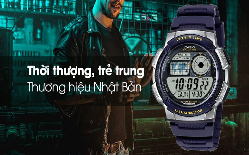 Đồng hồ Casio AE-1000W-2AVDF xanh đậm với mặt kính nhựa bền chắc, một lựa chọn đồng hồ điện tử tầm giá 2 triệu