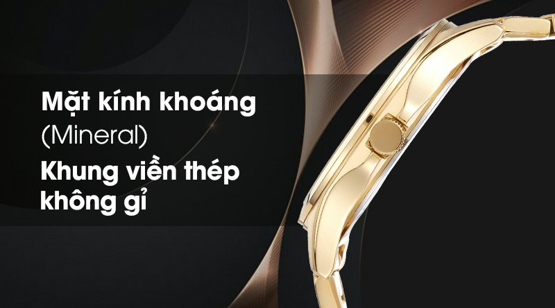 Mặt kính khoáng Mineral cứng cáp và khung viền thép không gỉ của đồng hồ Citizen nam màu vàng BF2003-84P, tăng cường độ bền