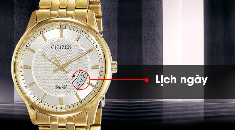 Đồng hồ Citizen nam màu vàng BI1052-85P với thiết kế mặt số tinh tế, tích hợp ô lịch ngày tiện lợi ở vị trí 3 giờ