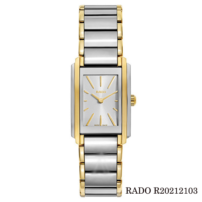 Đồng hồ Rado mặt vuông R20212103 nữ giới, tông bạc với viền vàng và cọc số mảnh, sang trọng