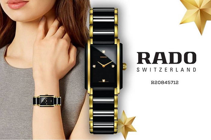 Đồng hồ Rado nữ mặt vuông R20845712 Integral Diamonds, dây ceramic demi mạ vàng PVD cao cấp