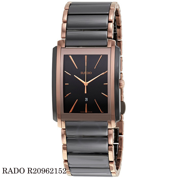 Đồng hồ Rado mặt vuông nam R20962152 Integral L, vỏ gốm đen và khung thép không gỉ mạ vàng hồng PVD