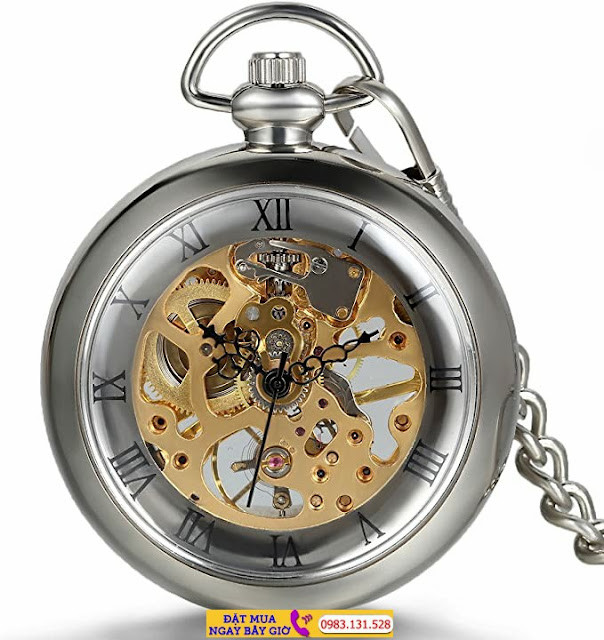 Đồng hồ quả quýt cổ điển JewelryWe với dây chuyền, kiểu dáng Skeleton hở mặt số La Mã, một ví dụ về đồng hồ quả quýt lên dây thủ công tinh xảo.