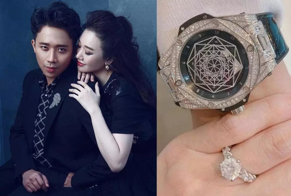 Chi tiết thiết kế Hublot Big Bang Sang Bleu Titanium Pavé, nổi bật với kim cương và dây da cá sấu trong bộ sưu tập đồng hồ Trấn Thành.