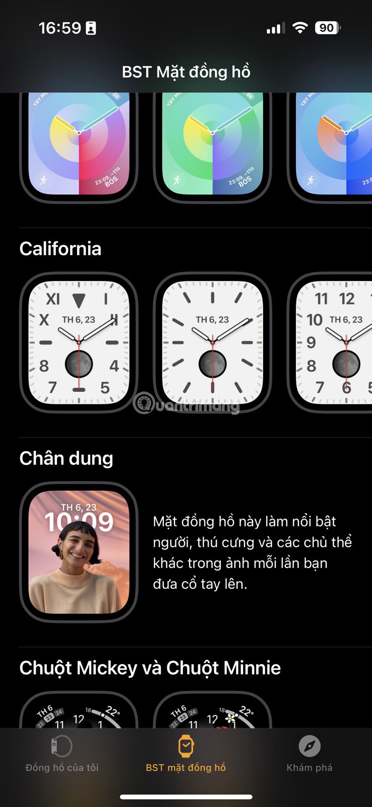 Giao diện ứng dụng Watch trên iPhone để điều chỉnh đồng hồ Apple Watch
