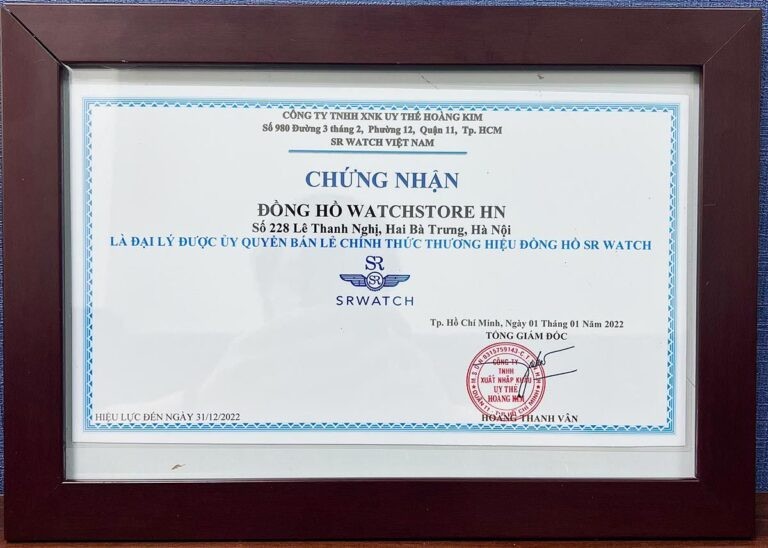 Giấy chứng nhận WatchStore là đại lý ủy quyền chính thức của SRWatch tại Việt Nam, khẳng định uy tín của đại lý đồng hồ chính hãng