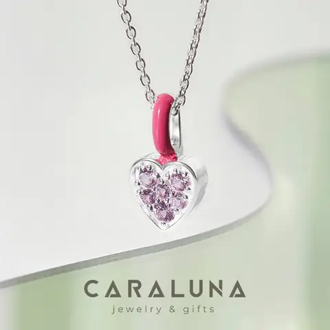 1. Dây Chuyền Bạc 925 Cara Luna Trái Tim Đính Đá Hồng & Enamel Dark Pink